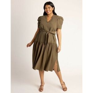 Eloquii Midi Dress Olive Green Mixed Media Puff Sleeve V Neck. Sz 22